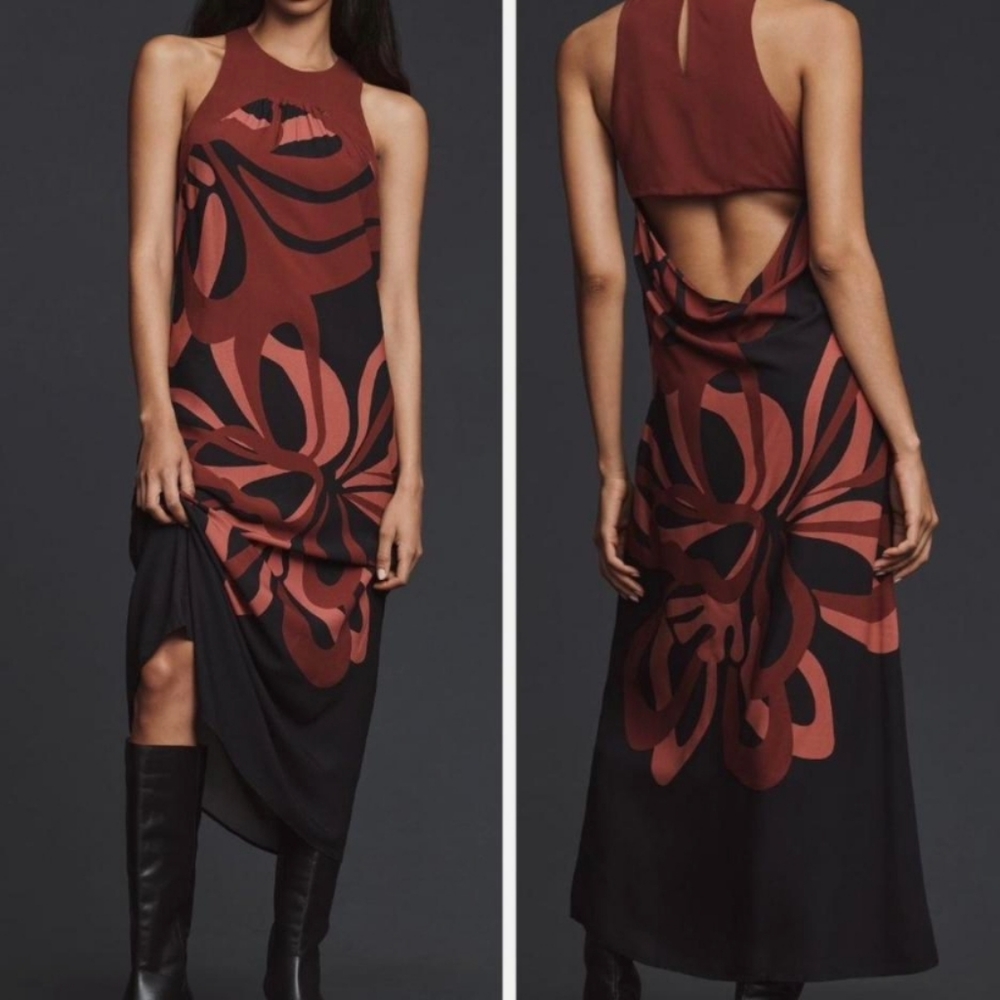 Anthropologie Farm Rio Burgundy Orange Halter Floral Maxi Dress Size Small NWOT